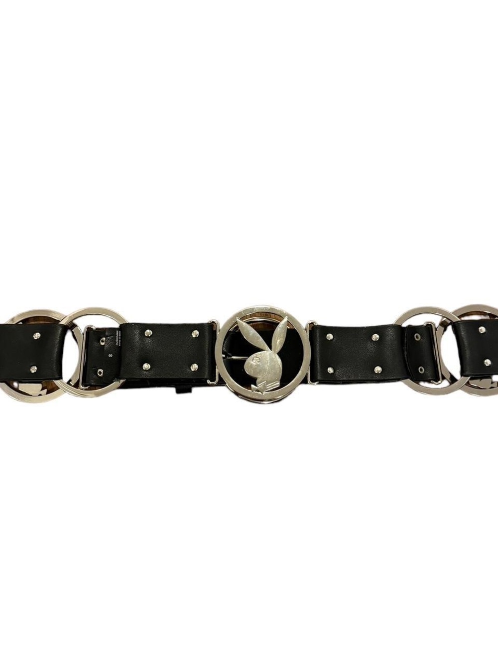 PLAYBOY Black Leather Belt with Silver Bunny Circle Buckle